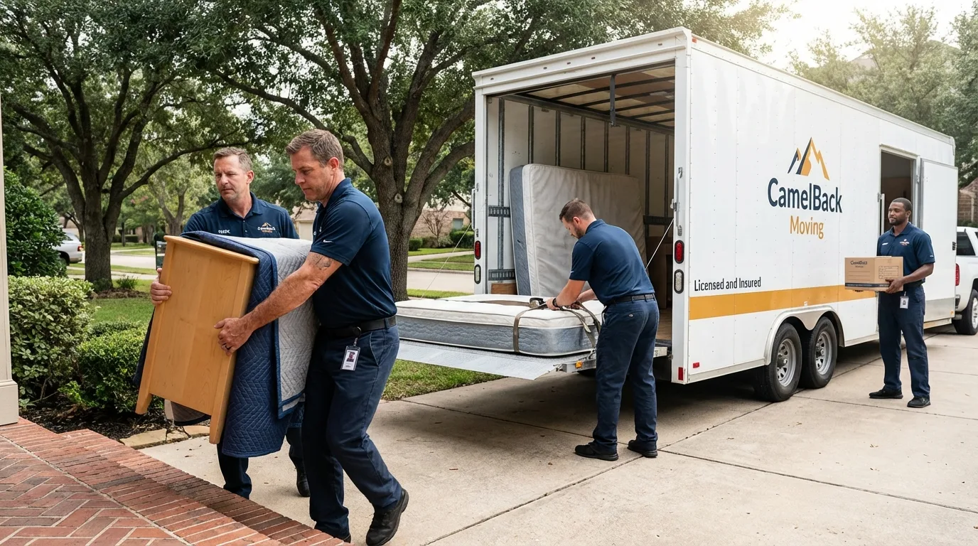 Crew loading residential truck for cross-state move from Postville, IA