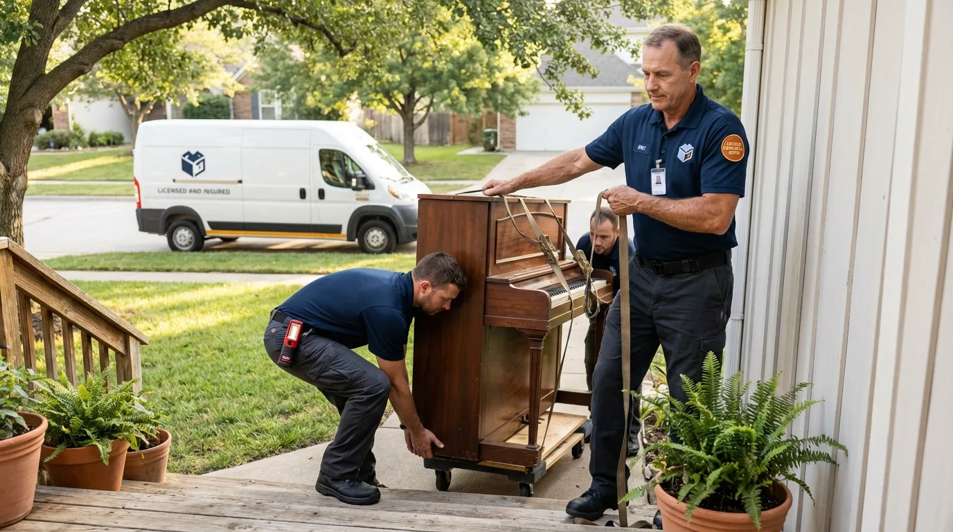Licensed piano movers securing grand piano in Postville, IA