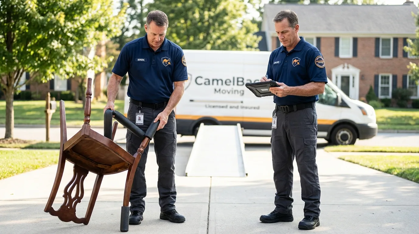 Movers inspecting furniture for damage prevention before loading in Postville, IA