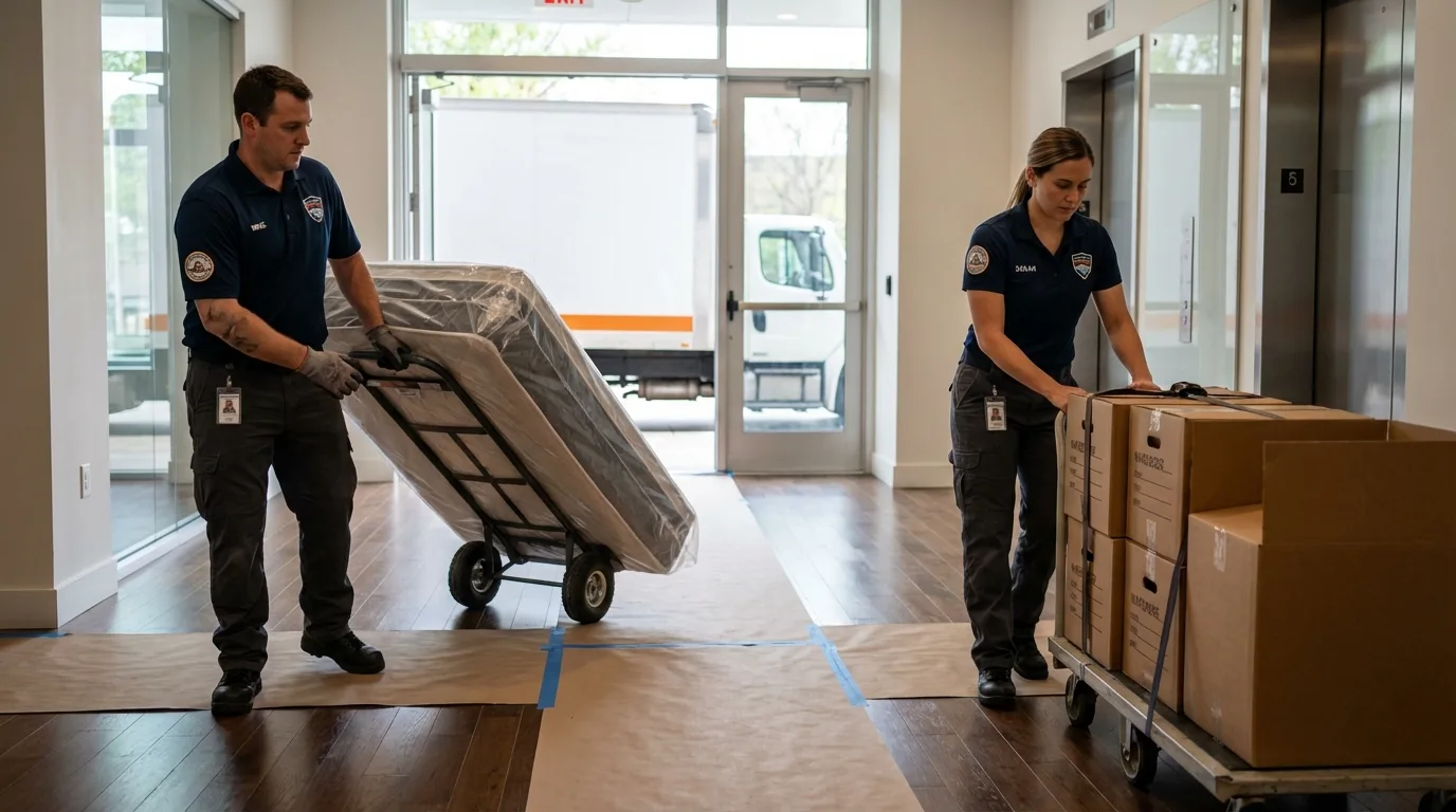 Professional apartment movers loading elevator in Postville, IA
