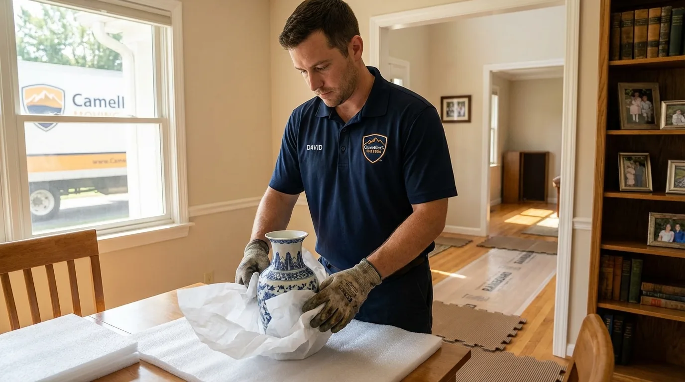 Professional crew carefully wrapping antique vase for senior downsizing move in Postville, IA