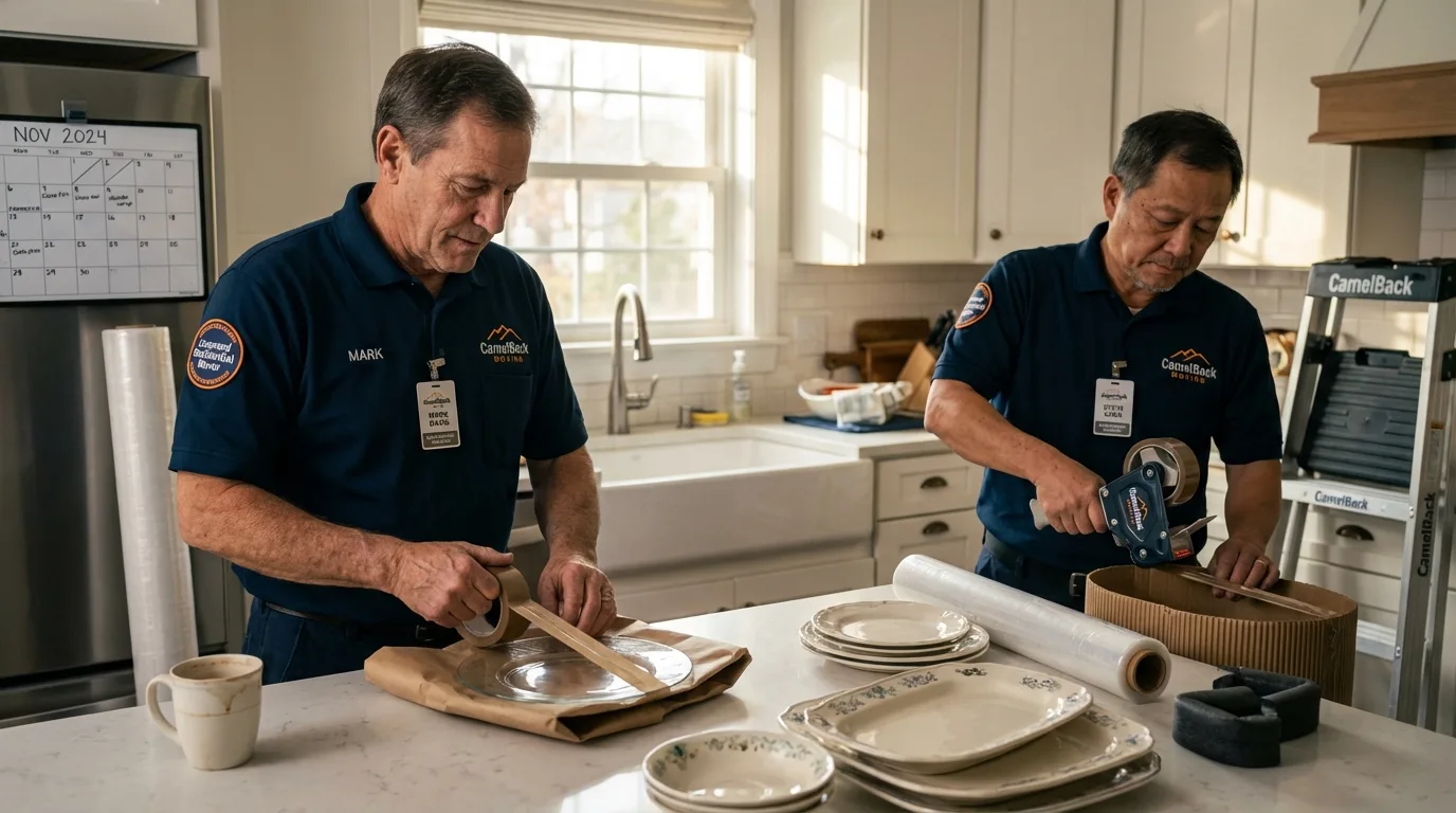 Professional crew packing kitchen dishware in Postville, IA